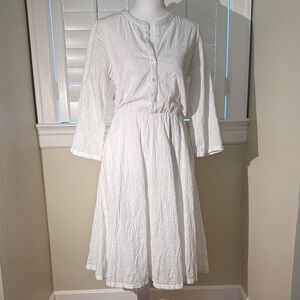 Women's White Embroidered Midi Dress with Button Front